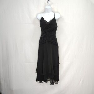 Black cocktail Strappy‎ Chiffon Layered Midi Draped Bodice Dress Sequins 12
